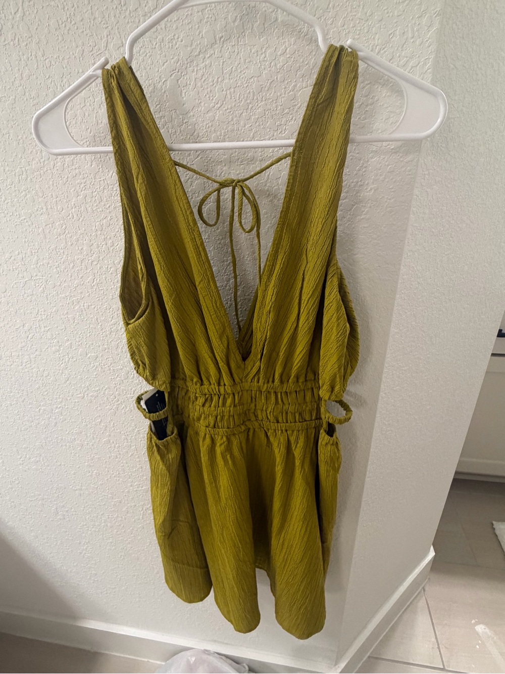 Lush Olive Green Deep V Smocked Waist Tie-Back Tank